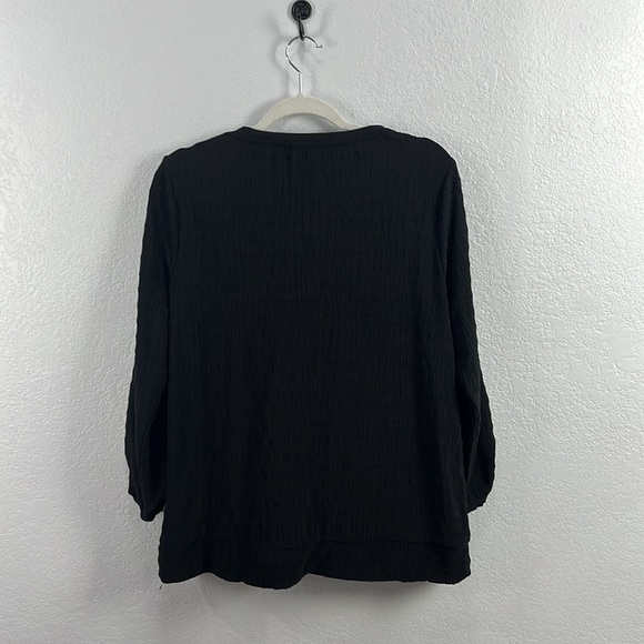 Simply Vera Wang Knit Blouse Sz L Black Crinkle Texture Ruched 3/4 Sleeves Chic - Picture 8 of 9